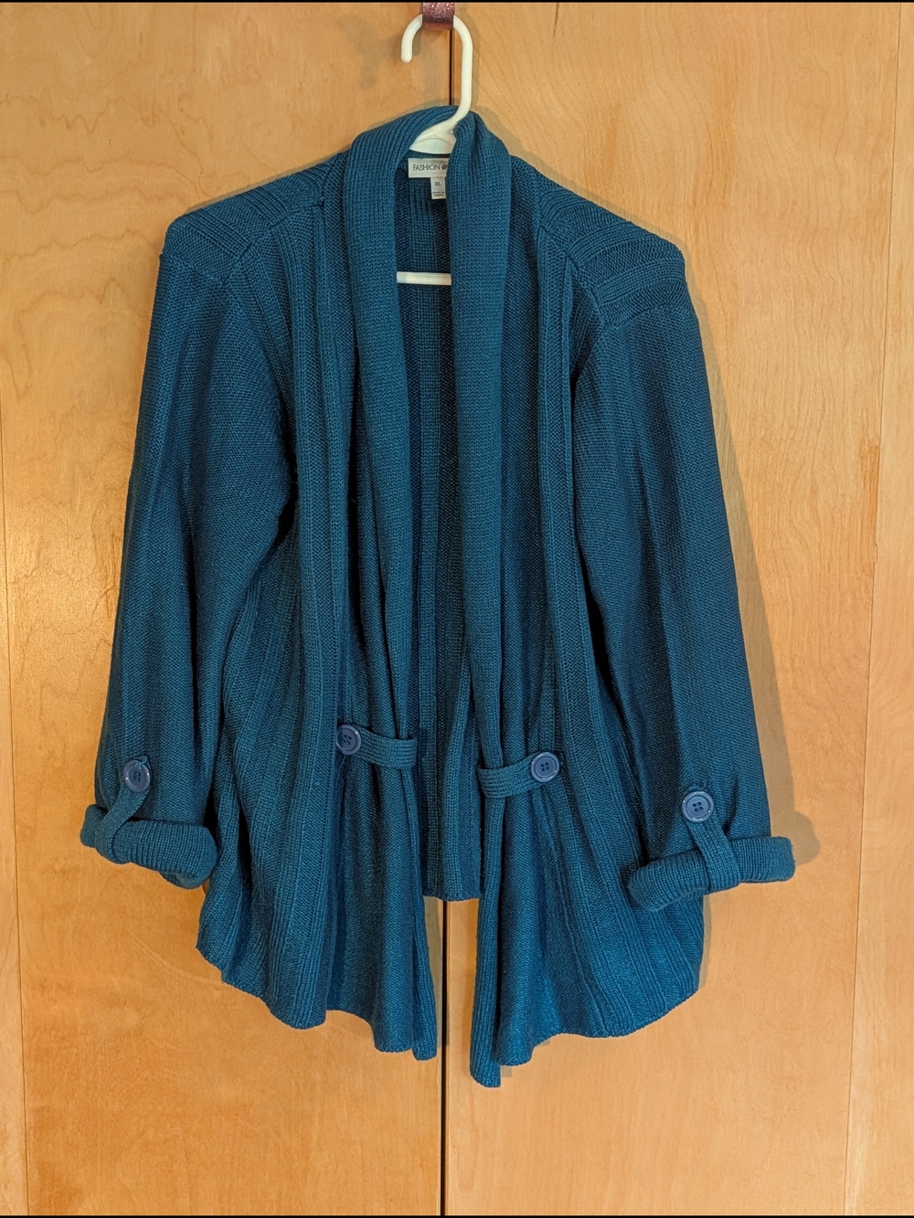 Vintage Fashion Bug Teal Ribbed Knit Open-front Draped Cardigan